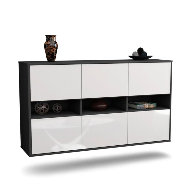 Sideboard Rockford | hängend | Korpus Anthrazit | Front in Hochglanz Weiß | 136x79x35cm (BxHxT)