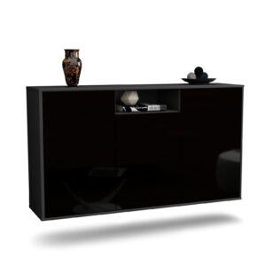 Sideboard Dayton | hängend | Korpus Anthrazit | Front in Hochglanz Schwarz | 136x79x35cm (BxHxT)