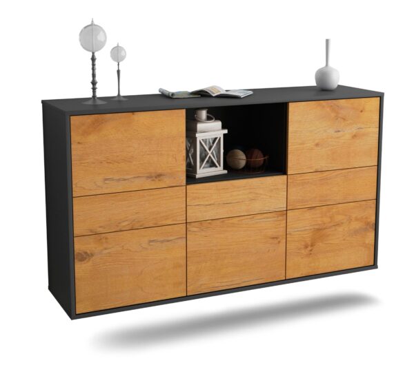 Sideboard Pomona | hängend | Korpus Anthrazit | Front in Eiche Holz Optik | 136x79x35cm (BxHxT)