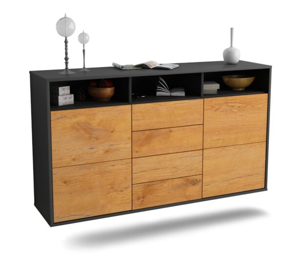 Sideboard Salem | hängend | Korpus Anthrazit | Front in Eiche Holz Optik | 136x79x35cm (BxHxT)