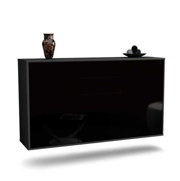 Sideboard Sioux Falls | hängend | Korpus Anthrazit | Front in Hochglanz Schwarz | 136x79x35cm (BxHxT)