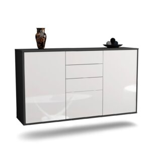 Sideboard Sioux Falls | hängend | Korpus Anthrazit | Front in Hochglanz Weiß | 136x79x35cm (BxHxT)