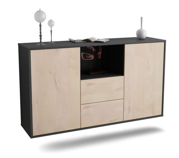 Sideboard Port St. Lucie | hängend | Korpus Anthrazit | Front in Zeder Holz Optik | 136x79x35cm (BxHxT)