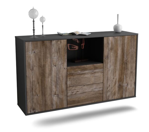 Sideboard Port St. Lucie | hängend | Korpus Anthrazit | Front in Treibholz Holz Optik | 136x79x35cm (BxHxT)
