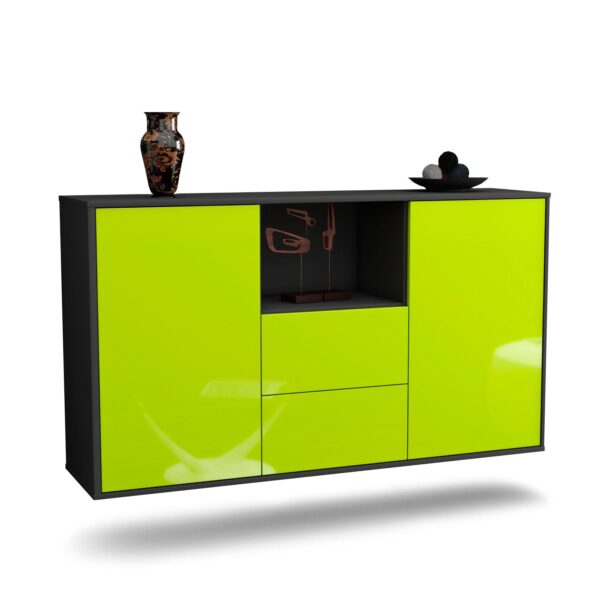 Sideboard Port St. Lucie | hängend | Korpus Anthrazit | Front in Hochglanz Grün | 136x79x35cm (BxHxT)