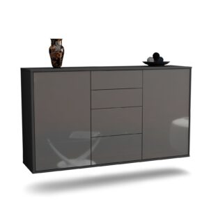Sideboard Corona | hängend | Korpus Anthrazit | Front in Hochglanz Grau | 136x79x35cm (BxHxT)