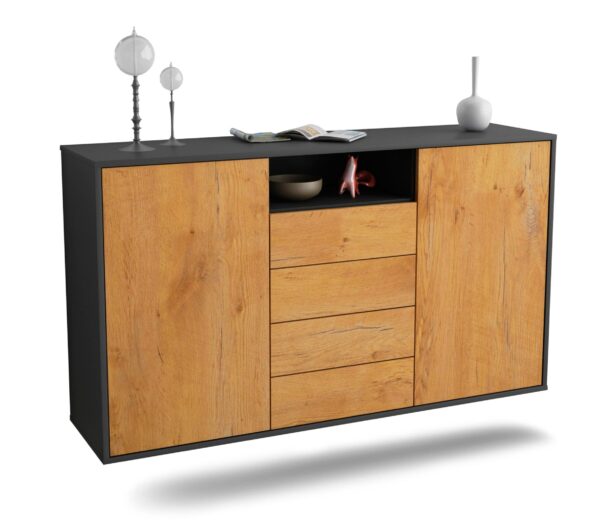 Sideboard Eugene | hängend | Korpus Anthrazit | Front in Eiche Holz Optik | 136x79x35cm (BxHxT)