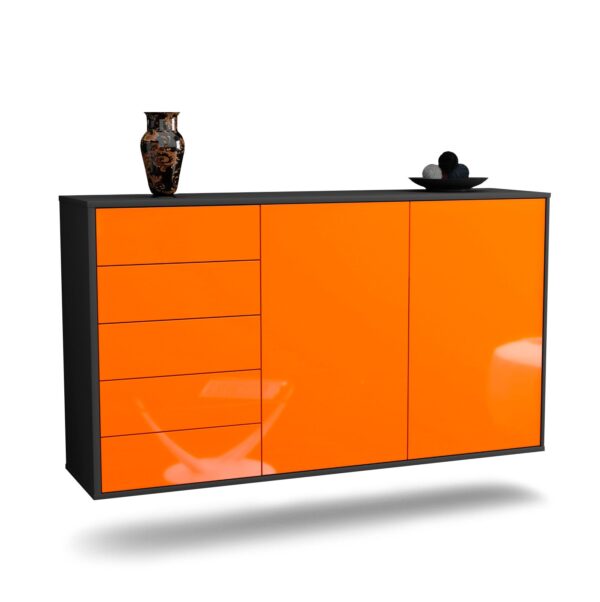 Sideboard Peoria | hängend | Korpus Anthrazit | Front in Hochglanz Orange | 136x79x35cm (BxHxT)
