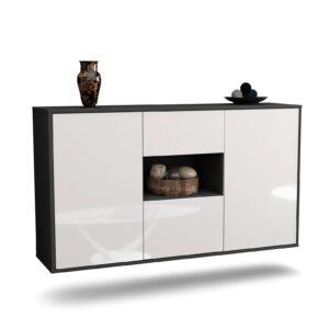 Sideboard Pasadena | hängend | Korpus Anthrazit | Front in Hochglanz Weiß | 136x79x35cm (BxHxT)