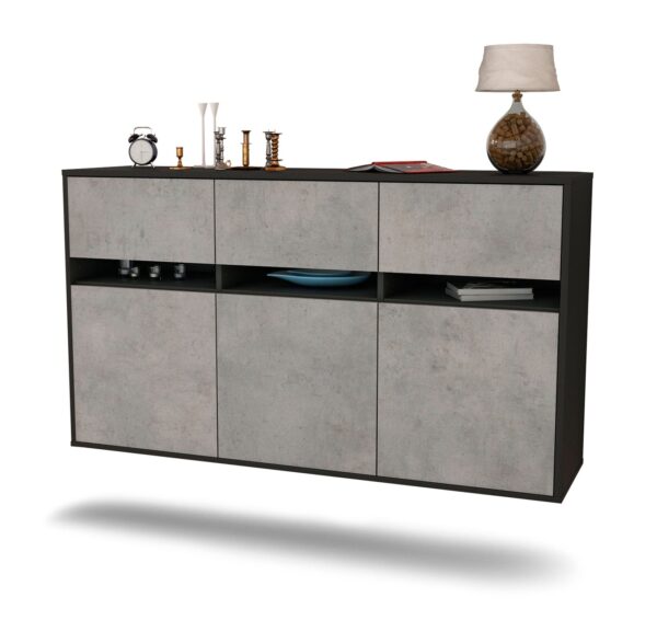 Sideboard Joliet | hängend | Korpus Anthrazit | Front in Beton Optik | 136x79x35cm (BxHxT)