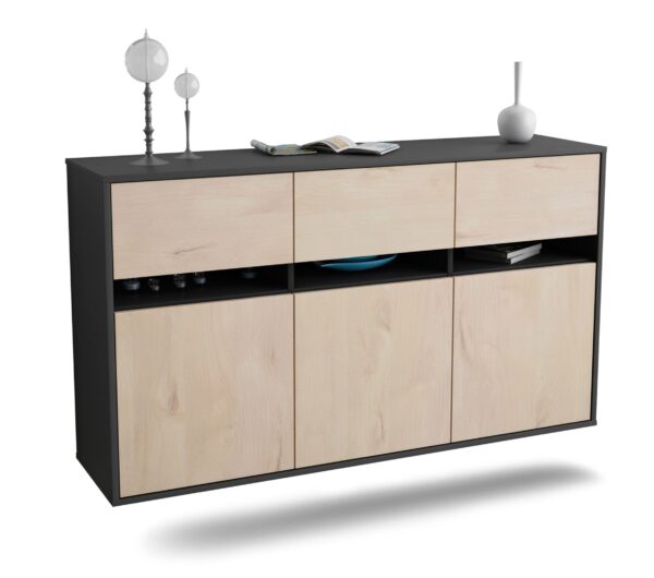 Sideboard Joliet | hängend | Korpus Anthrazit | Front in Zeder Holz Optik | 136x79x35cm (BxHxT)