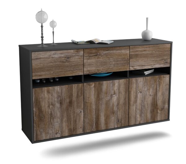 Sideboard Joliet | hängend | Korpus Anthrazit | Front in Treibholz Holz Optik | 136x79x35cm (BxHxT)