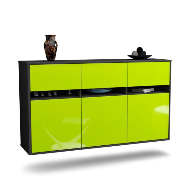Sideboard Joliet | hängend | Korpus Anthrazit | Front in Hochglanz Grün | 136x79x35cm (BxHxT)