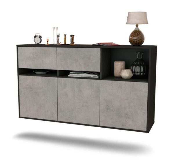 Sideboard Enterprise | hängend | Korpus Anthrazit | Front in Beton Optik | 136x79x35cm (BxHxT)