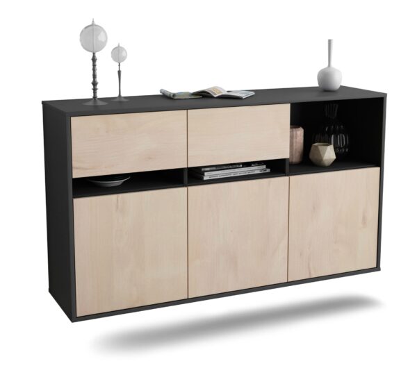 Sideboard Enterprise | hängend | Korpus Anthrazit | Front in Zeder Holz Optik | 136x79x35cm (BxHxT)
