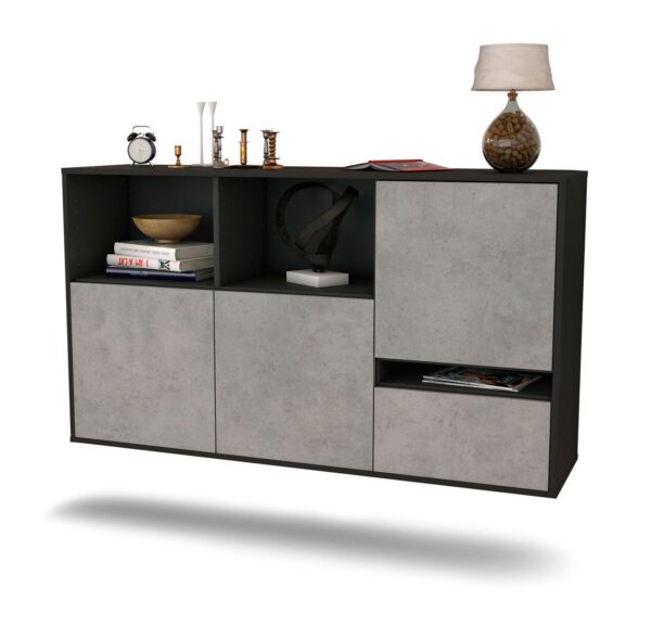 Sideboard Salinas | hängend | Korpus Anthrazit | Front in Beton Optik | 136x79x35cm (BxHxT)