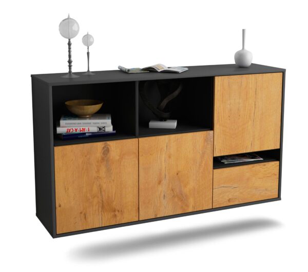 Sideboard Salinas | hängend | Korpus Anthrazit | Front in Eiche Holz Optik | 136x79x35cm (BxHxT)