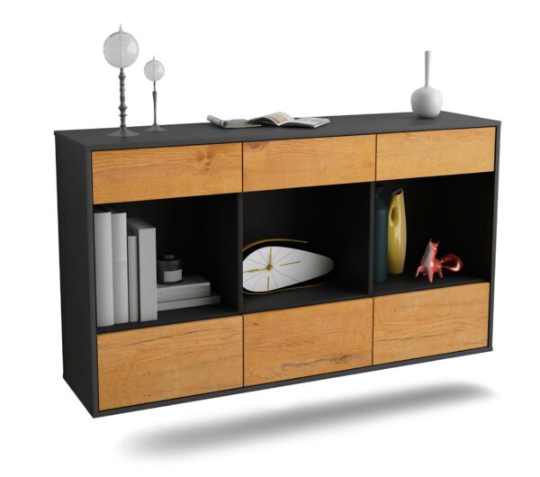Sideboard Torrance | hängend | Korpus Anthrazit | Front in Eiche Holz Optik | 136x79x35cm (BxHxT)