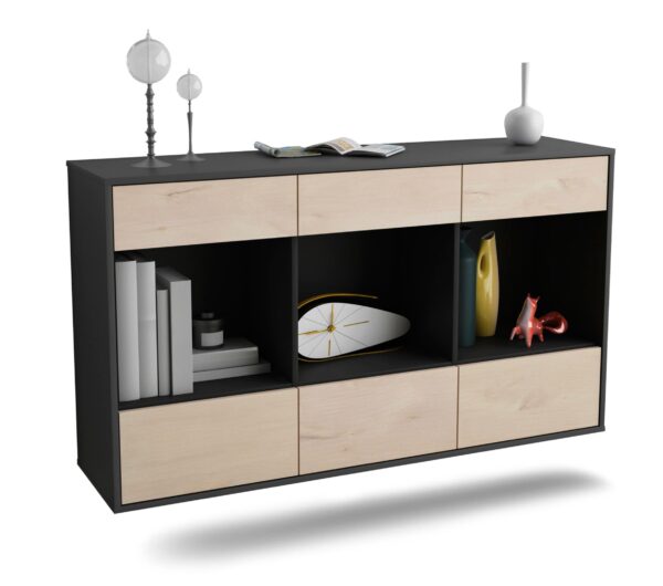 Sideboard Torrance | hängend | Korpus Anthrazit | Front in Zeder Holz Optik | 136x79x35cm (BxHxT)