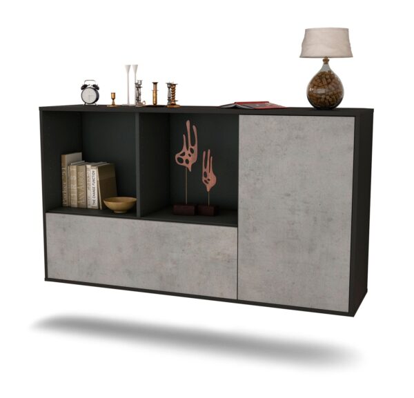 Sideboard Palmdale | hängend | Korpus Anthrazit | Front in Beton Optik | 136x79x35cm (BxHxT)