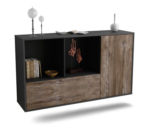 Sideboard Palmdale | hängend | Korpus Anthrazit | Front in Treibholz Holz Optik | 136x79x35cm (BxHxT)