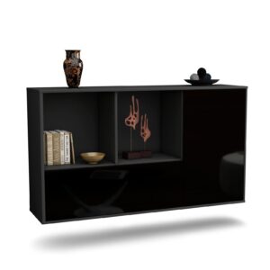 Sideboard Palmdale | hängend | Korpus Anthrazit | Front in Hochglanz Schwarz | 136x79x35cm (BxHxT)