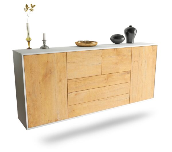 Sideboard Metairie | hängend | Korpus Weiß | Front in Eiche Holz Optik | 180x79x35cm (BxHxT)