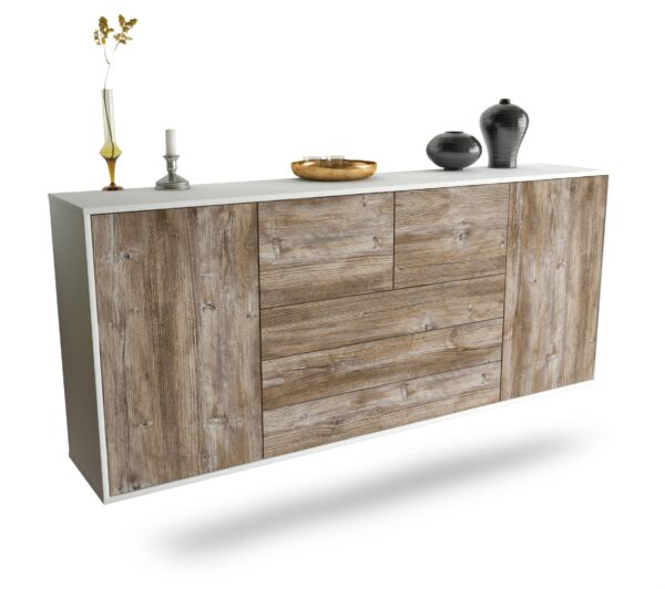 Sideboard Metairie | hängend | Korpus Weiß | Front in Treibholz Holz Optik | 180x79x35cm (BxHxT)