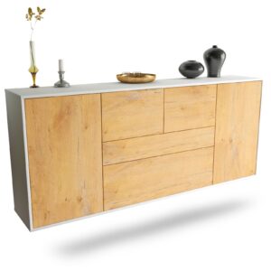 Sideboard Orange | hängend | Korpus Weiß | Front in Eiche Holz Optik | 180x79x35cm (BxHxT)