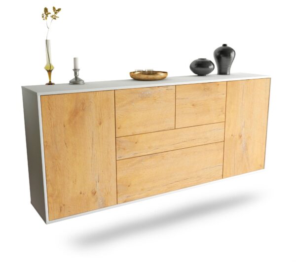 Sideboard Orange | hängend | Korpus Weiß | Front in Eiche Holz Optik | 180x79x35cm (BxHxT)