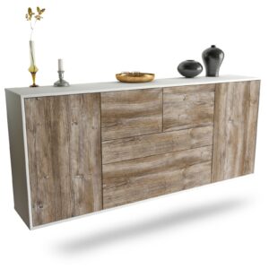 Sideboard Orange | hängend | Korpus Weiß | Front in Treibholz Holz Optik | 180x79x35cm (BxHxT)