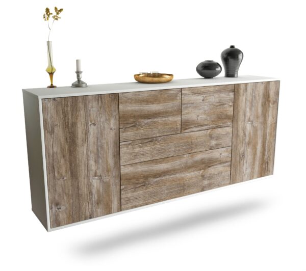 Sideboard Orange | hängend | Korpus Weiß | Front in Treibholz Holz Optik | 180x79x35cm (BxHxT)