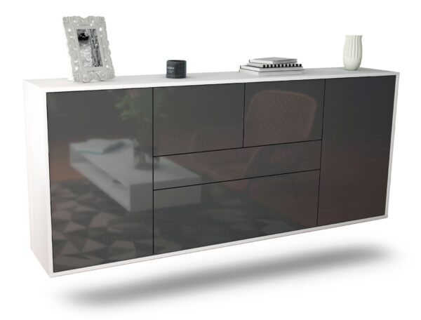 Sideboard Orange | hängend | Korpus Weiß | Front in Hochglanz Grau | 180x79x35cm (BxHxT)