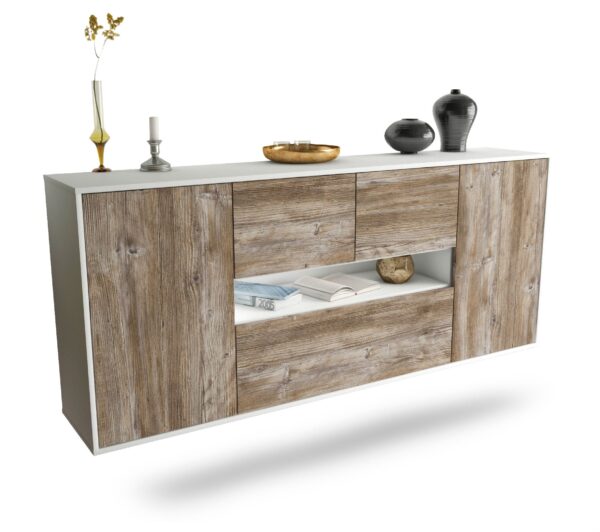 Sideboard Warren | hängend | Korpus Weiß | Front in Treibholz Holz Optik | 180x79x35cm (BxHxT)