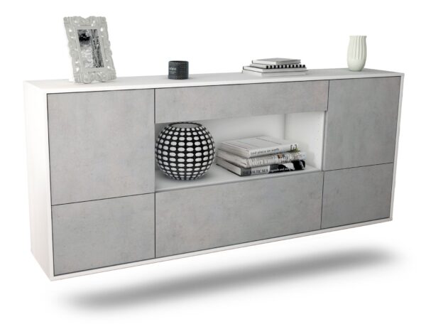 Sideboard East Los Angeles | hängend | Korpus Weiß | Front in Beton Optik | 180x79x35cm (BxHxT)