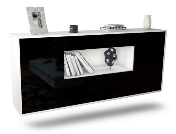 Sideboard Fullerton | hängend | Korpus Weiß | Front in Hochglanz Schwarz | 180x79x35cm (BxHxT)