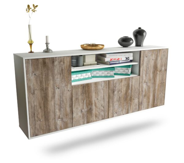 Sideboard Mesquite | hängend | Korpus Weiß | Front in Treibholz Holz Optik | 180x79x35cm (BxHxT)