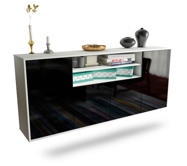 Sideboard Mesquite | hängend | Korpus Weiß | Front in Hochglanz Schwarz | 180x79x35cm (BxHxT)