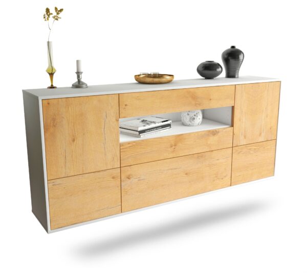Sideboard Savannah | hängend | Korpus Weiß | Front in Eiche Holz Optik | 180x79x35cm (BxHxT)
