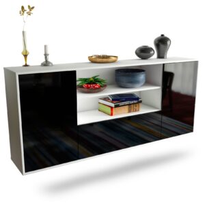 Sideboard Sterling Heights | hängend | Korpus Weiß | Front in Hochglanz Schwarz | 180x79x35cm (BxHxT)