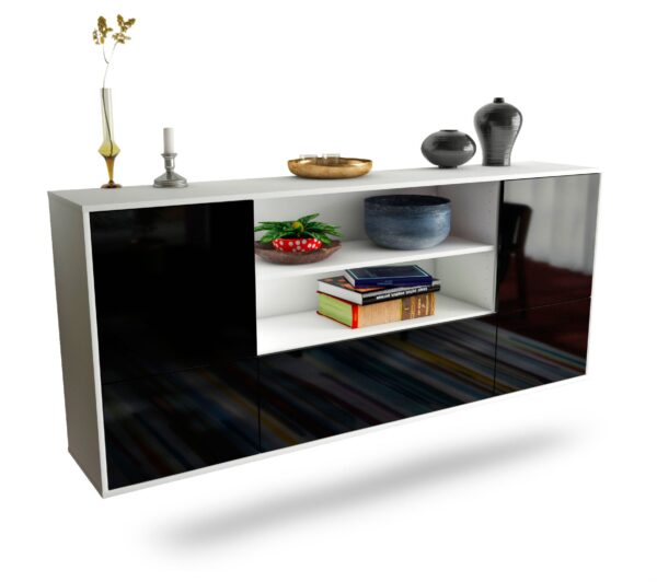 Sideboard Sterling Heights | hängend | Korpus Weiß | Front in Hochglanz Schwarz | 180x79x35cm (BxHxT)