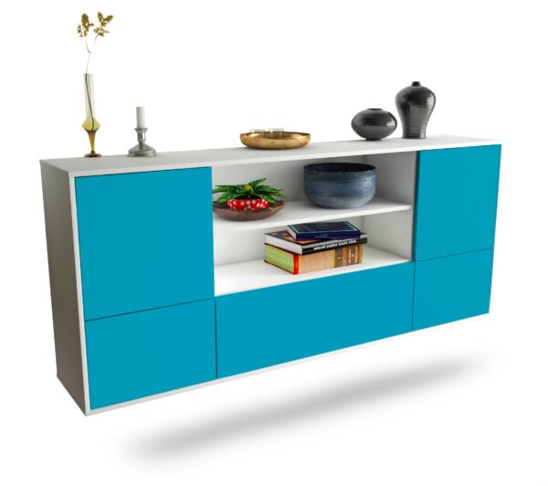 Sideboard Sterling Heights | hängend | Korpus Weiß | Front in Türkis | 180x79x35cm (BxHxT)