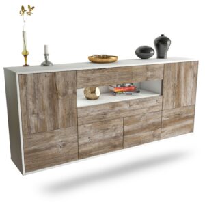 Sideboard McAllen | hängend | Korpus Weiß | Front in Treibholz Holz Optik | 180x79x35cm (BxHxT)