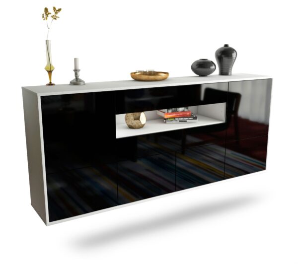 Sideboard McAllen | hängend | Korpus Weiß | Front in Hochglanz Schwarz | 180x79x35cm (BxHxT)