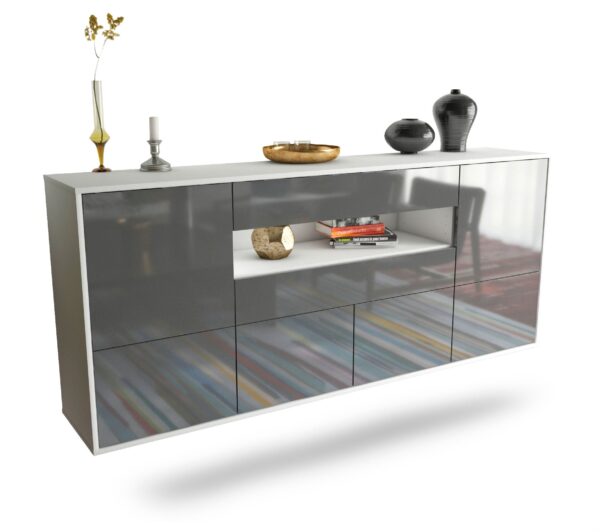 Sideboard McAllen | hängend | Korpus Weiß | Front in Hochglanz Grau | 180x79x35cm (BxHxT)