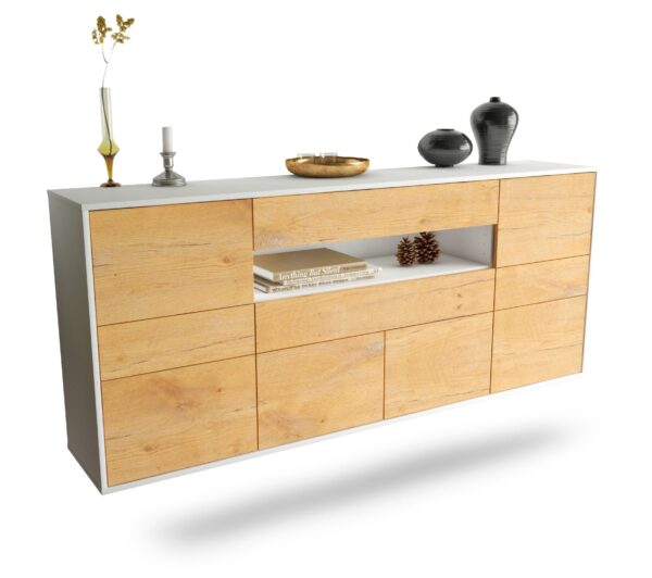 Sideboard Coral Springs | hängend | Korpus Weiß | Front in Eiche Holz Optik | 180x79x35cm (BxHxT)