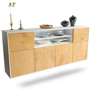 Sideboard Cedar Rapids | hängend | Korpus Weiß | Front in Eiche Holz Optik | 180x79x35cm (BxHxT)