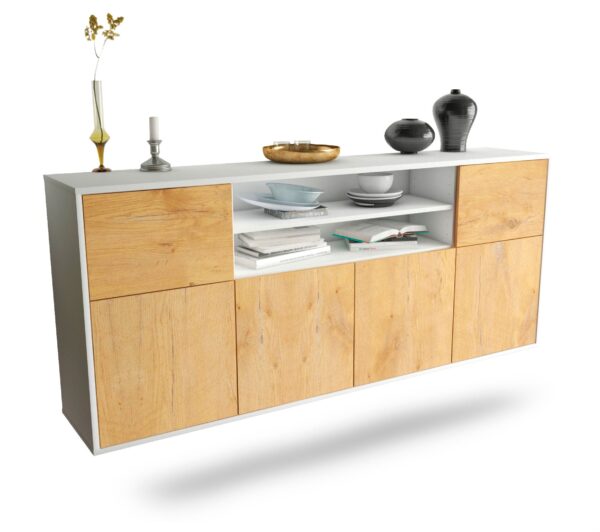 Sideboard Cedar Rapids | hängend | Korpus Weiß | Front in Eiche Holz Optik | 180x79x35cm (BxHxT)
