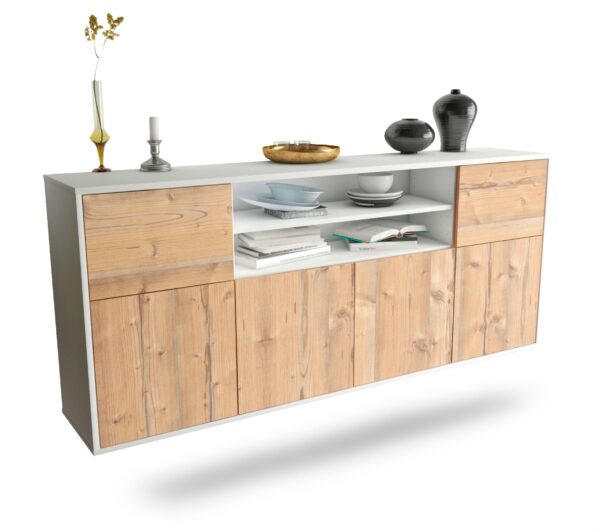 Sideboard Cedar Rapids | hängend | Korpus Weiß | Front in Pinie Holz Optik | 180x79x35cm (BxHxT)