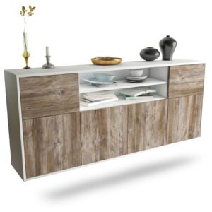 Sideboard Cedar Rapids | hängend | Korpus Weiß | Front in Treibholz Holz Optik | 180x79x35cm (BxHxT)